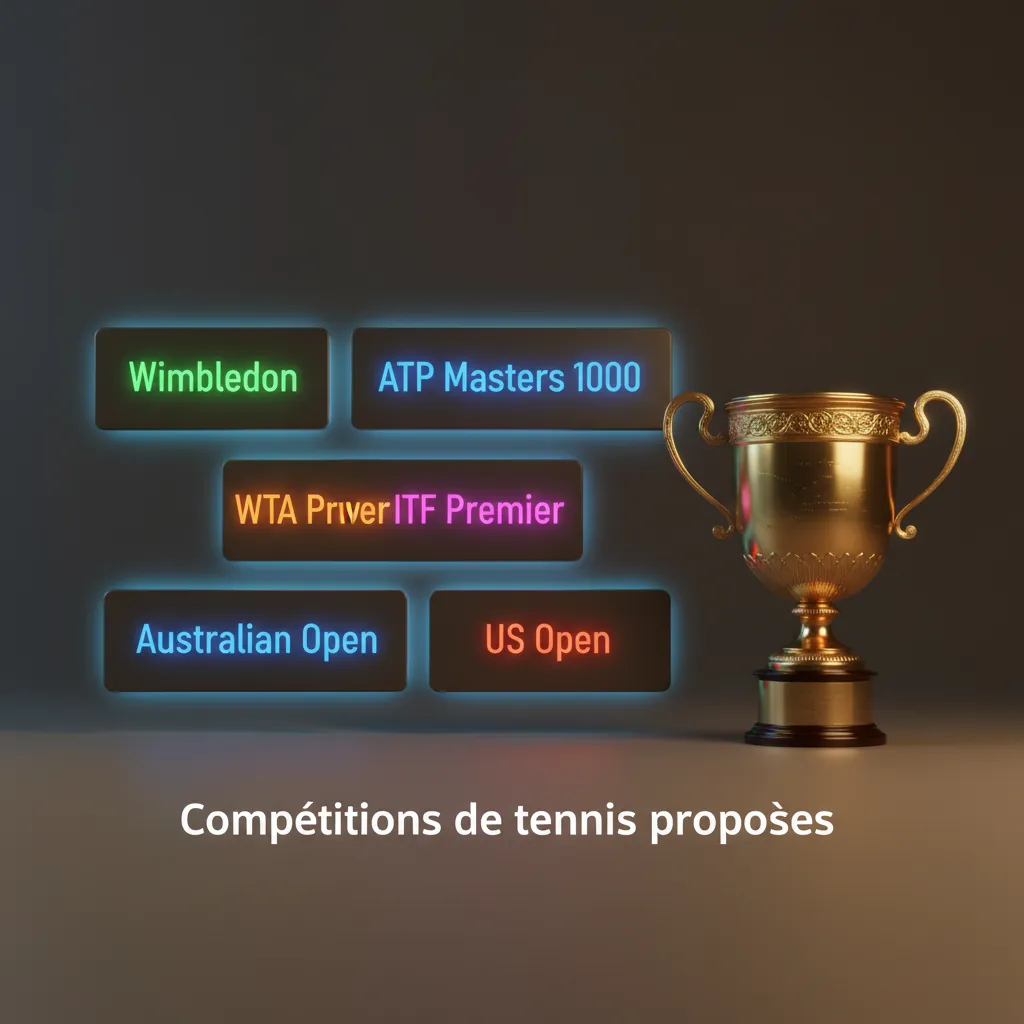 Visuel Talismania listant compétitions tennis: Grands Chelems, ATP/WTA 250/500/1000, Finals, Davis, BJK, Challenger, ITF.