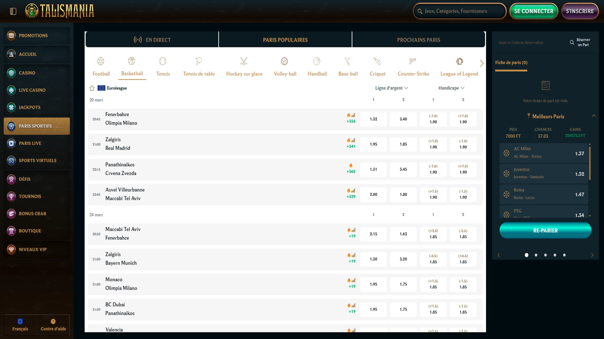 Pariez sur vos sports favoris avec les cotes Talismania.