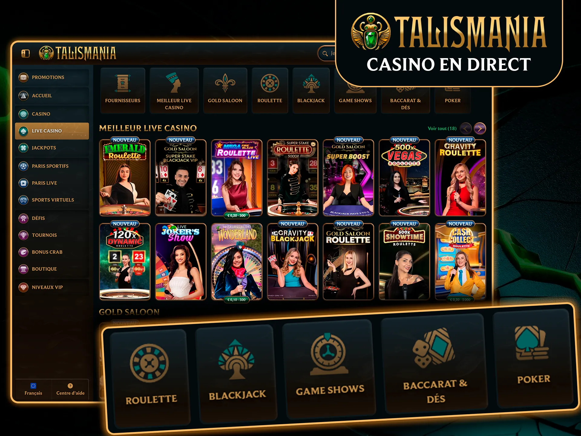 Jouez au casino en direct avec croupiers sur Talismania.