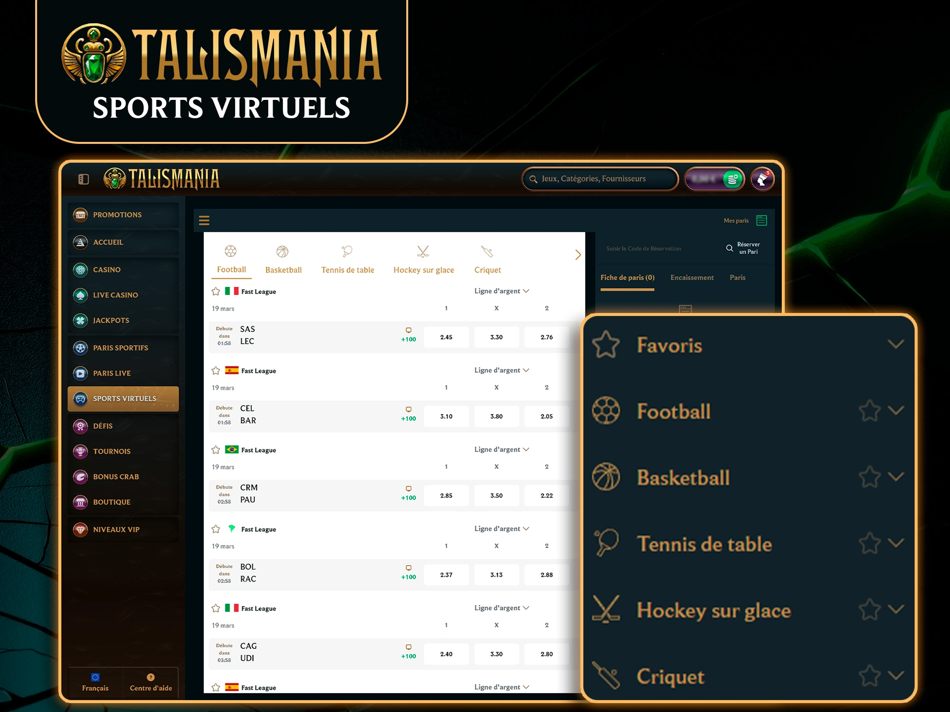 Simulations sportives et paris virtuels disponibles sur Talismania.